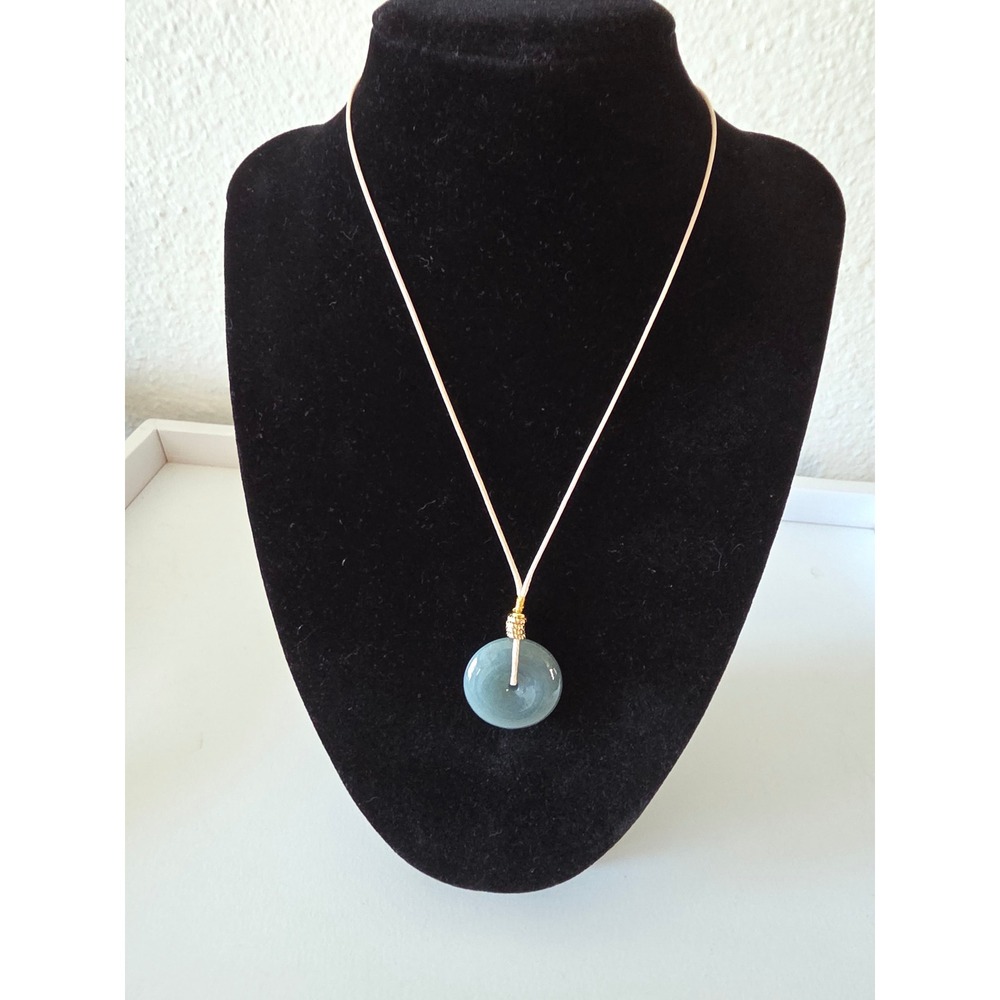 Green Jade Donut Pendant Necklace Adjustable Cord Gold Accent Pi Disc Jewelry